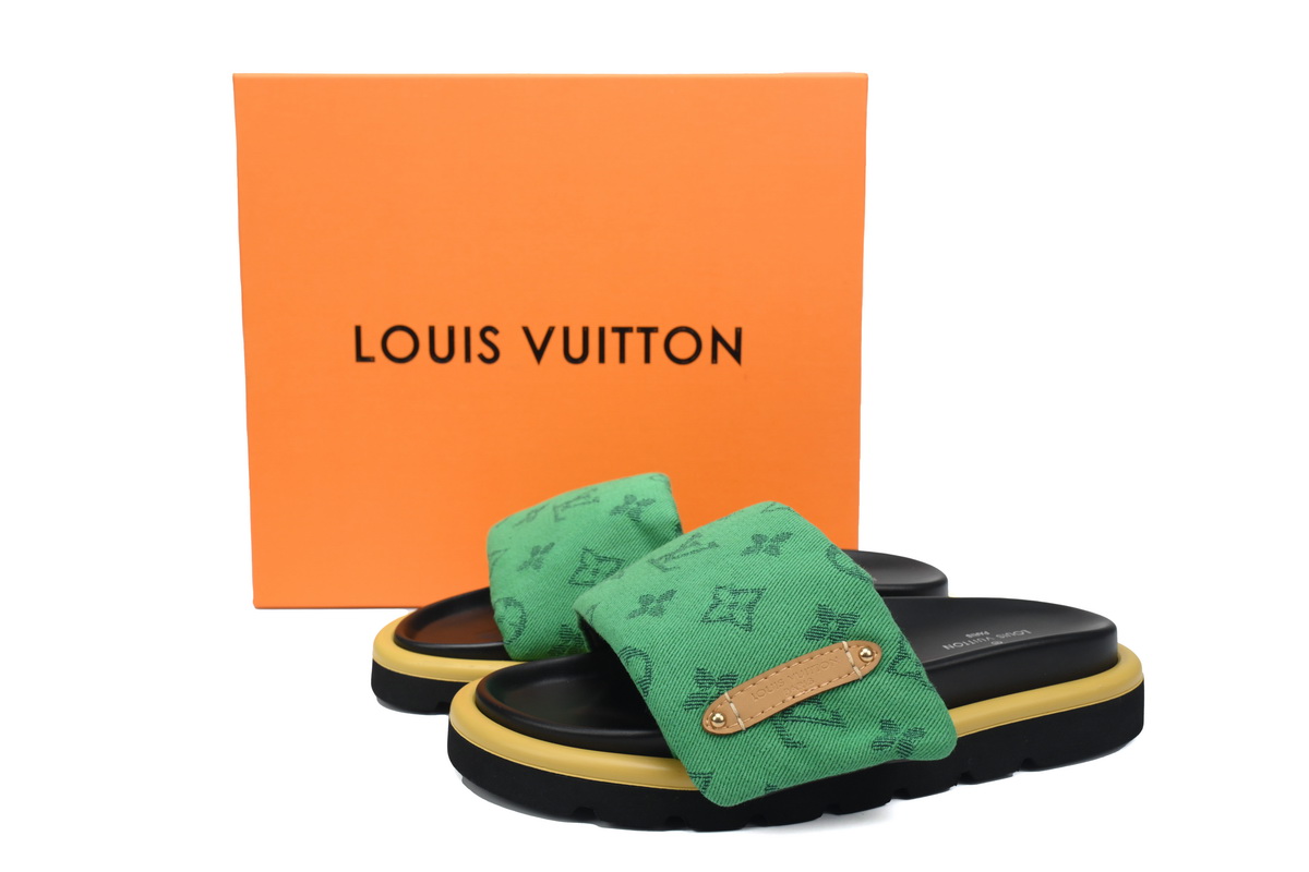 Pkkicks God Batch LOUIS VUITTON Pool Pillow Comfort Green denim with yellow label