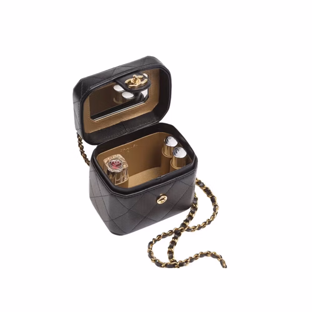Chanel (CHANEL) Women's Bag 23A Gold Standard Leather Wear Chain Diamond Sheepskin Cosmetic Case Small Square Bag Crossbody Shoulder Bag Women's Girlfriend Black Length 11cm Width 7cm Height 8.5cm
