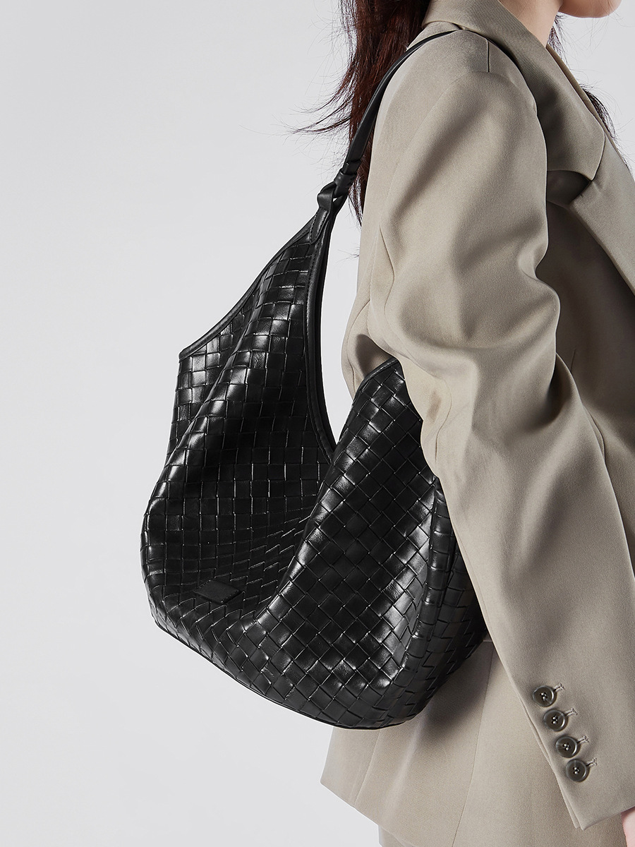 Black Oversized Woven Leather Hobo Bag for Women