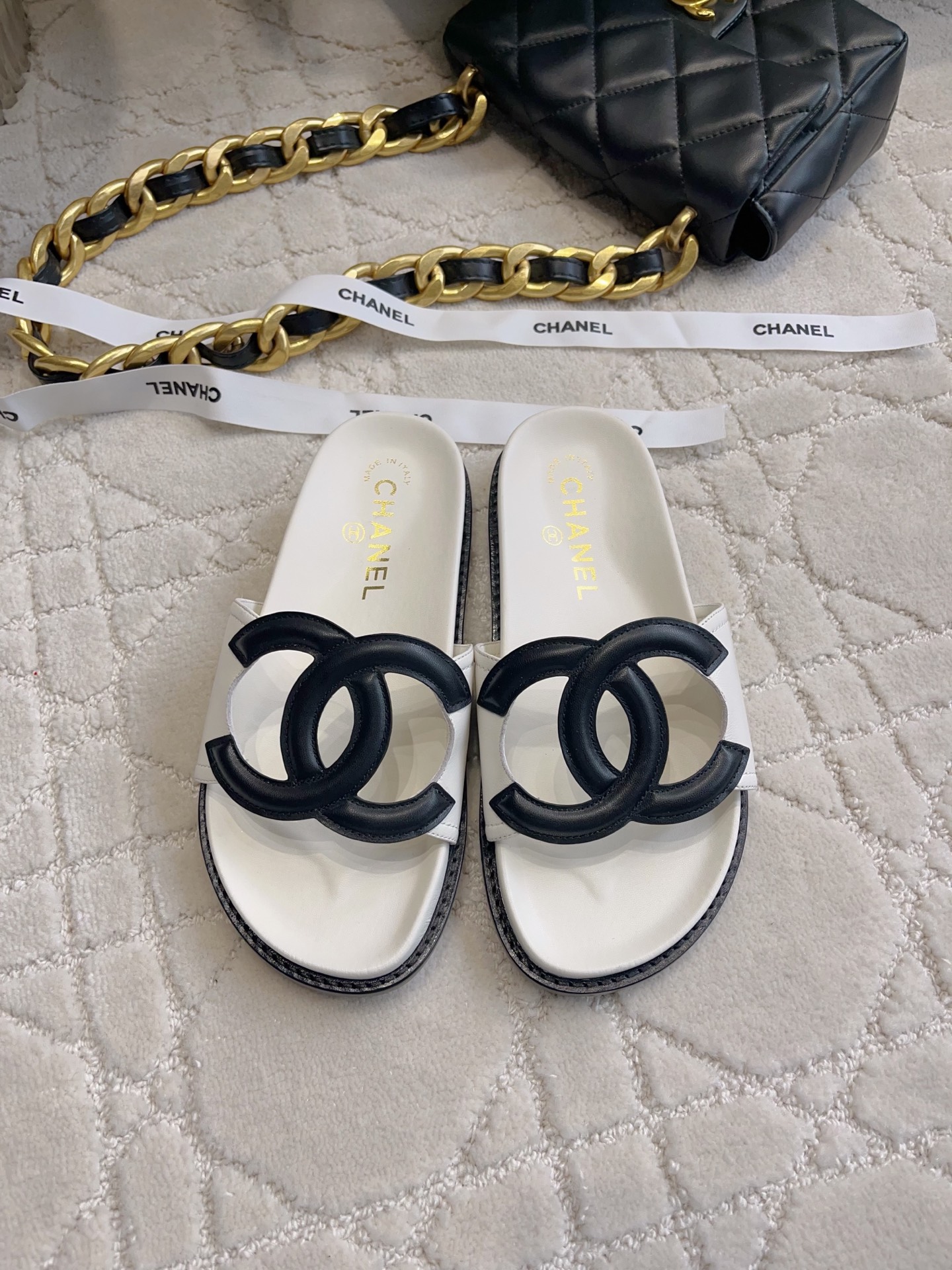 Chan New Quilted Large Logo Platform Slippers