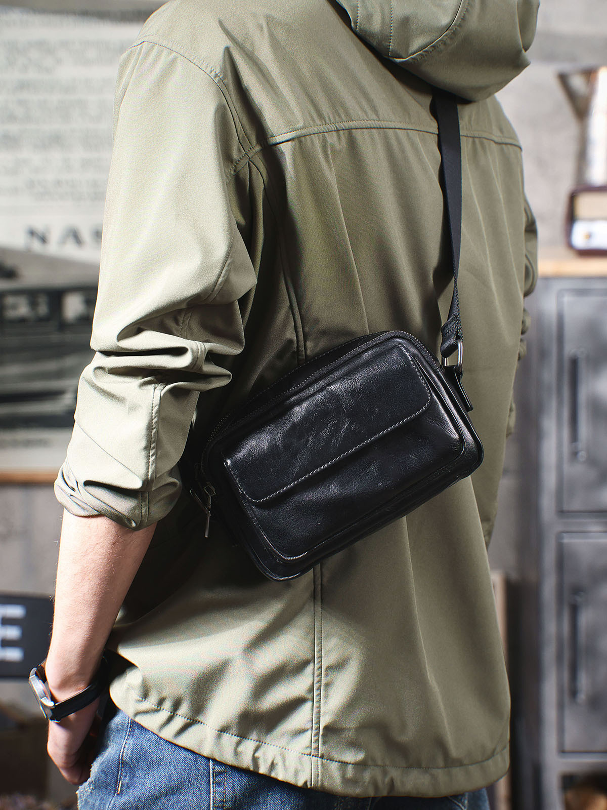 Compact Black Leather Crossbody Bag - Minimalist Utility for Daily Carry