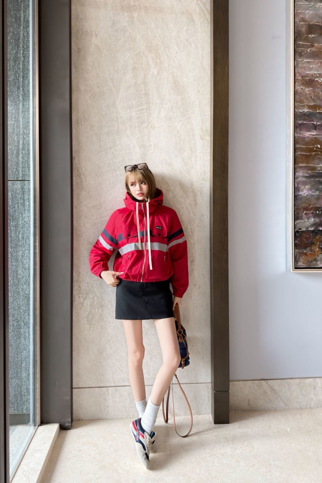 Miu New Color-block hooded trench coat