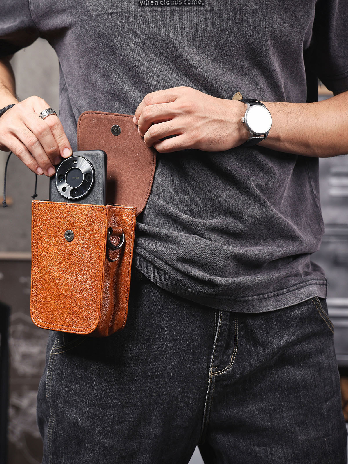 Vintage Tan Leather Ultra-Slim Phone Sling Bag - Minimalist Essential for Hands-Free Carry