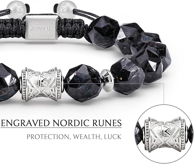 R40P-Men's Nuummite Beaded Bracelet with Sterling Silver Engraved Charm 10mm Braided Bracelet