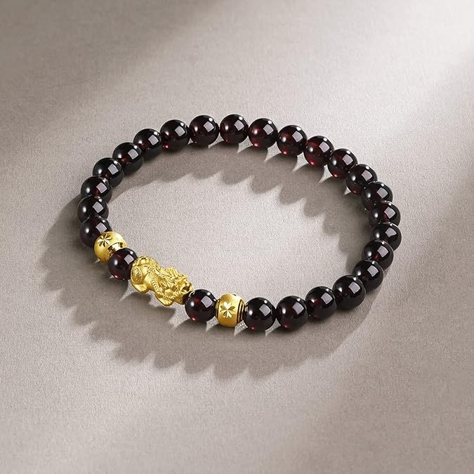 SS31-10-24K Solid Gold Garnet Beaded Bracelet – Real Gold Charm Stretch Bracelet
