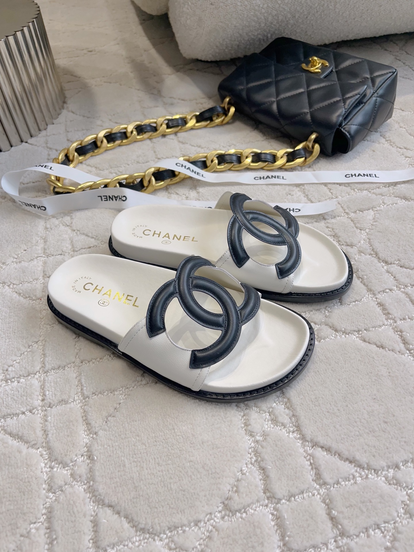 Chan New Quilted Large Logo Platform Slippers
