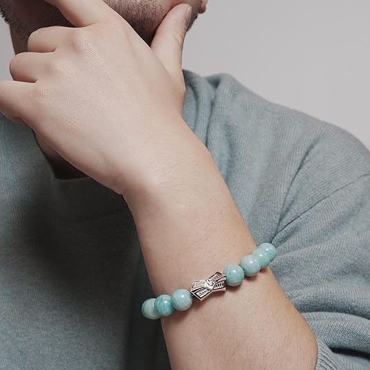 T40P-Amazonite Beaded Bracelet with Sterling Silver Rune Charm