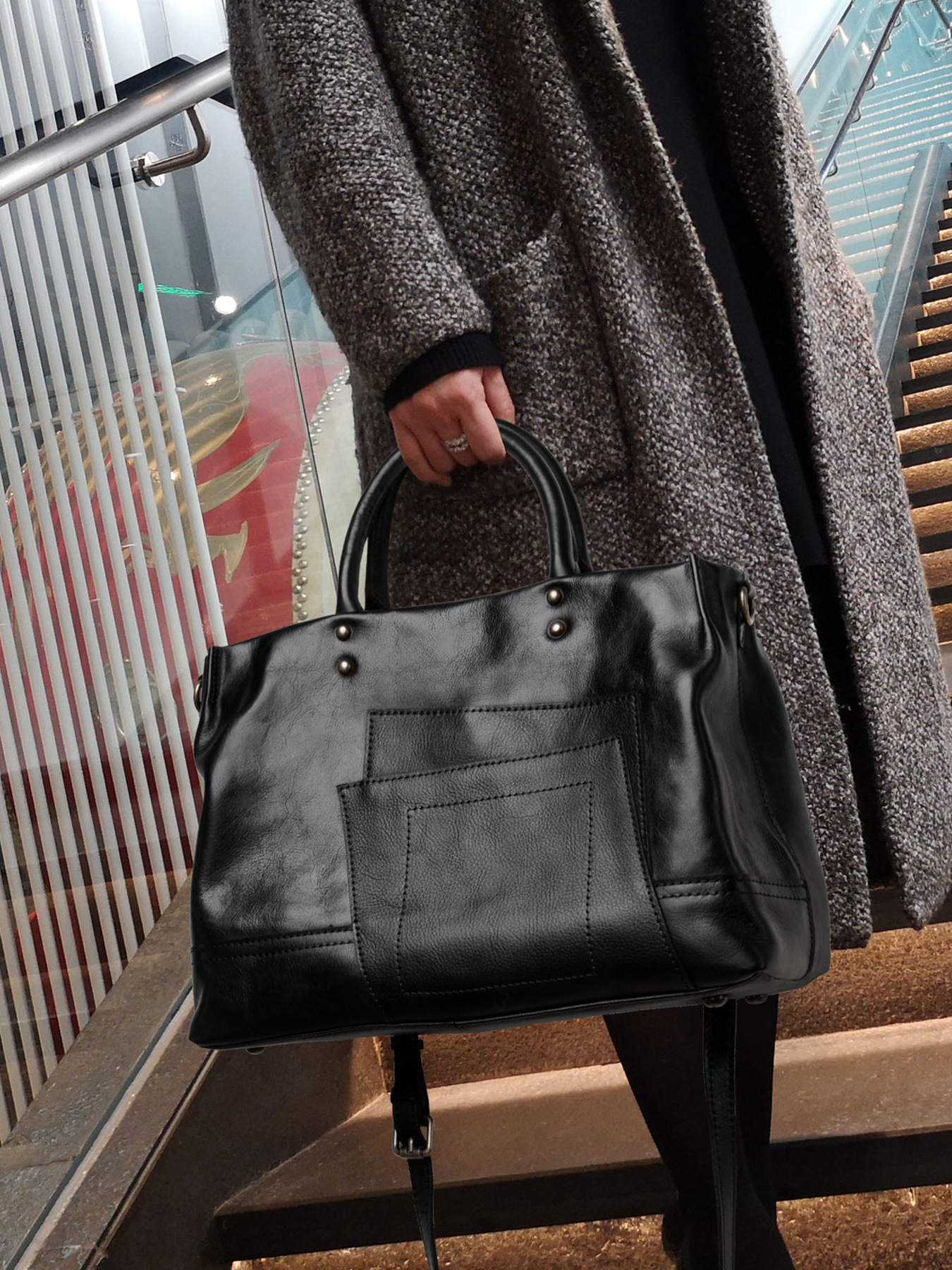 Chocolate Brown Leather Patchwork Pocket Tote