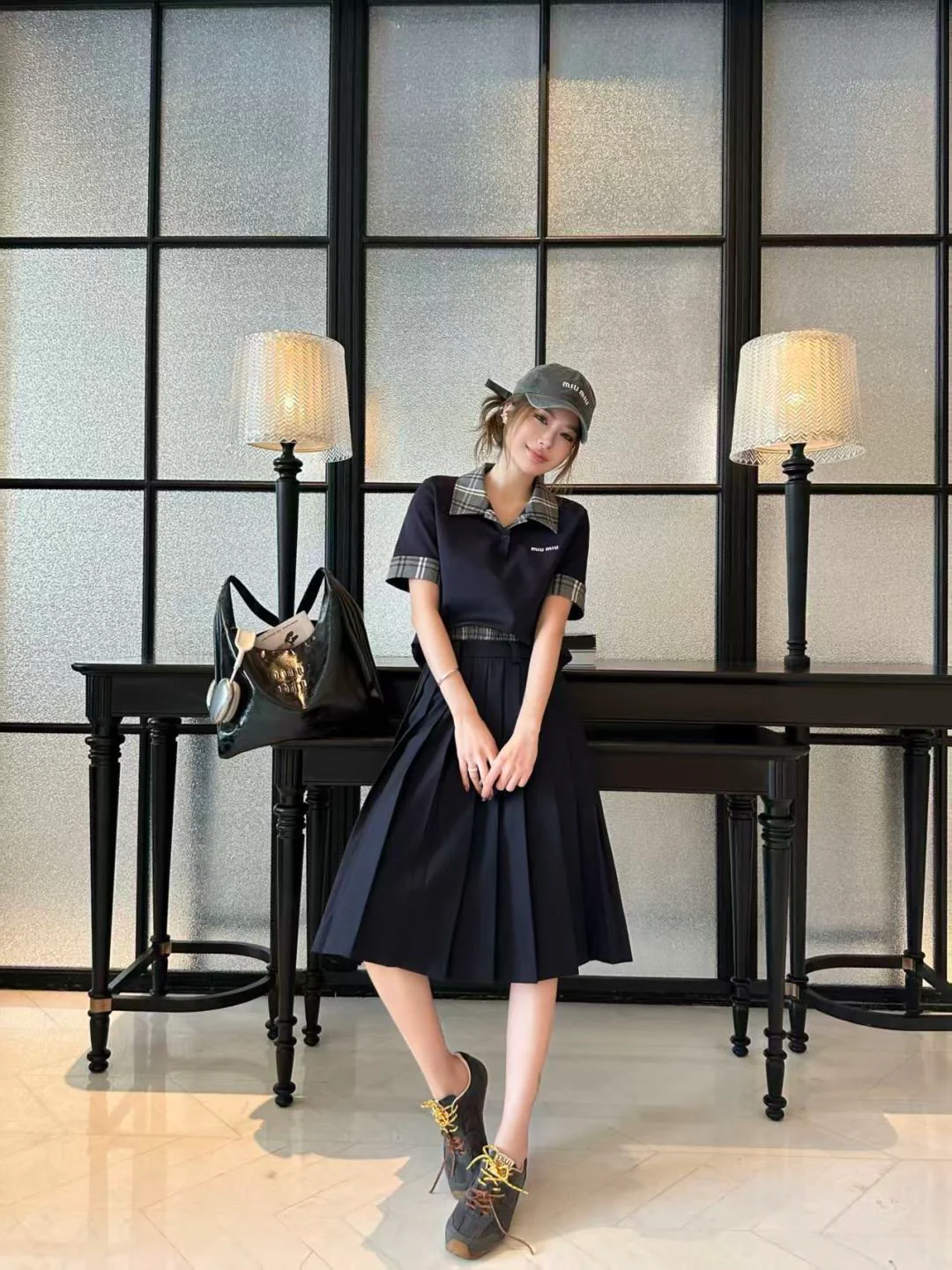 Miu NEW patchwork top + faux two-piece pleated skirt set