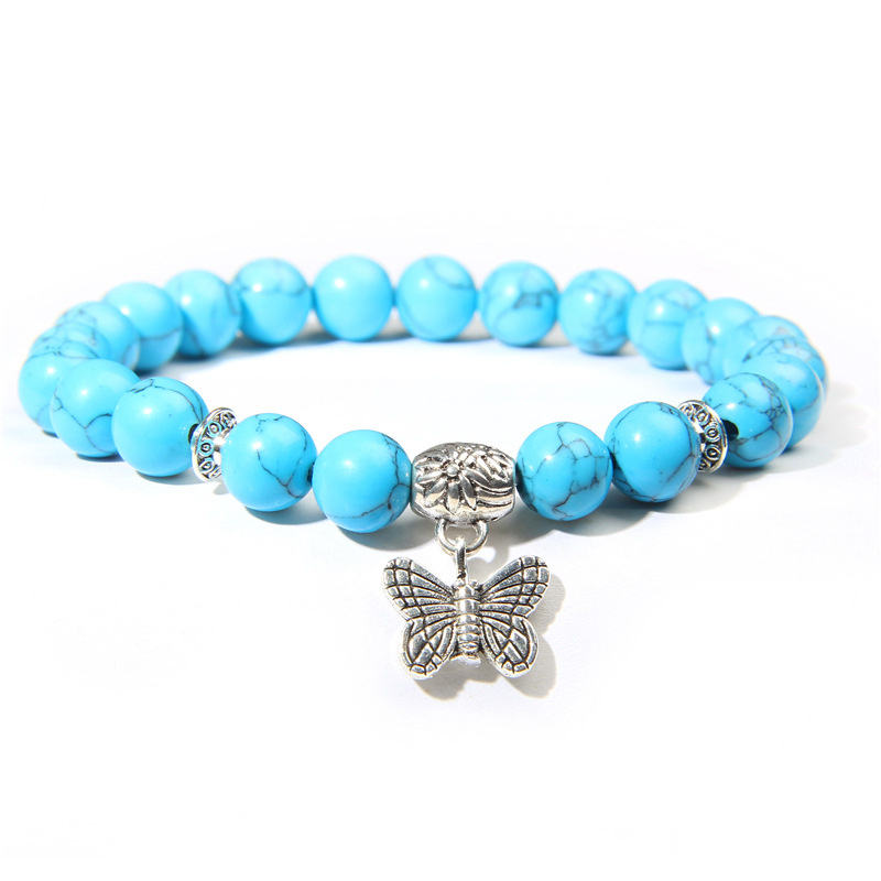 Natural Turquoise Beaded Bracelet with Butterfly Charm