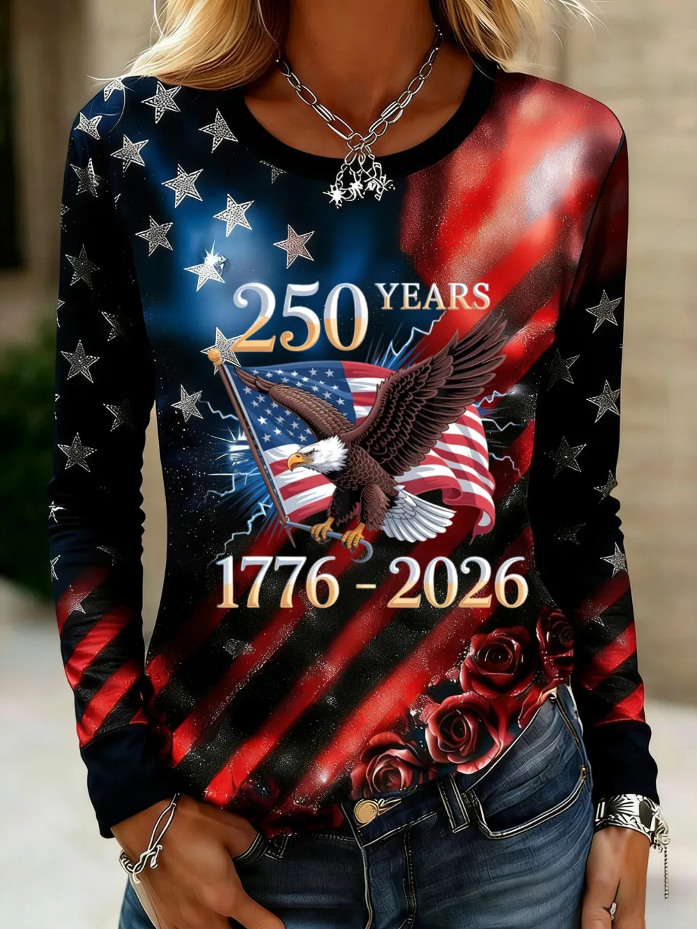 Ladies' Leisure 250Th Anniversary National Day Celebration Round Neck Long Sleeve T-Shirt