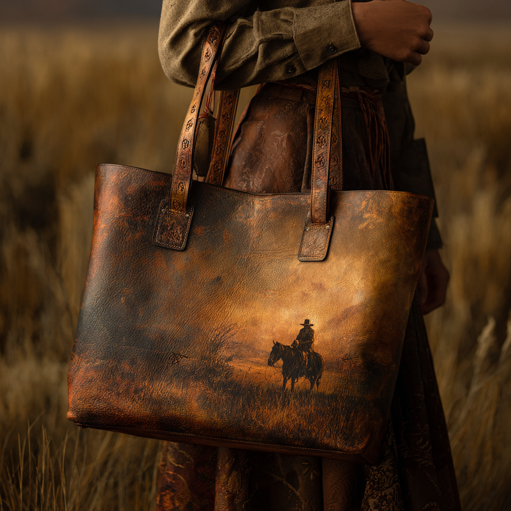 Hand-Painted Western Cowboy Leather Tote Bag