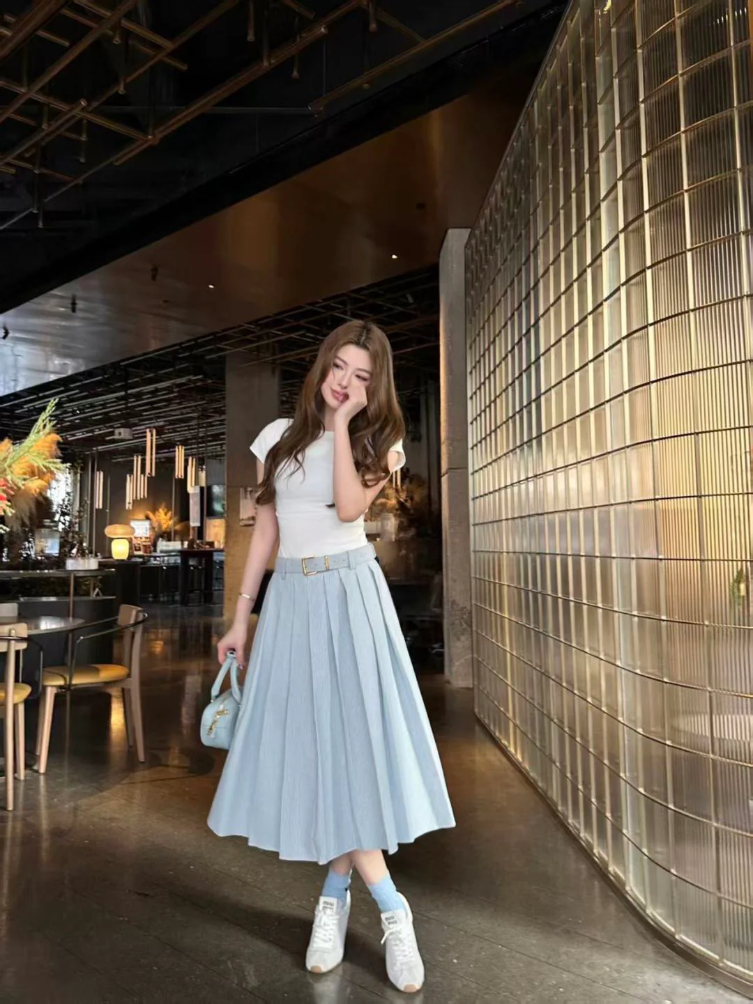 Miu NEW Striped belted pleated midi skirt