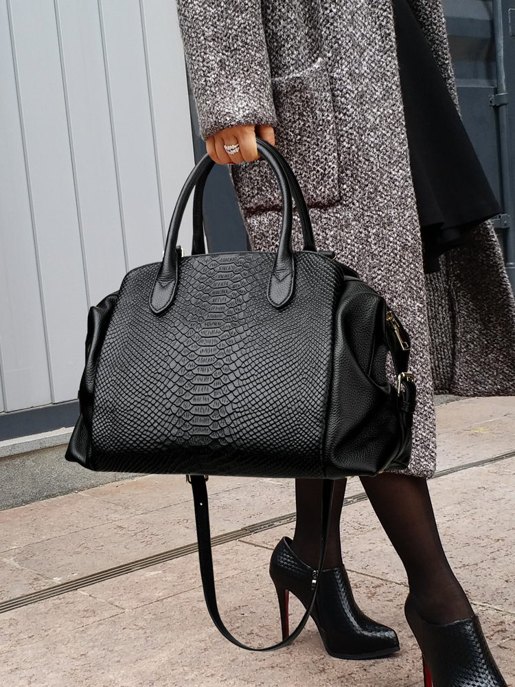 Black Crocodile-Embossed Leather Tote