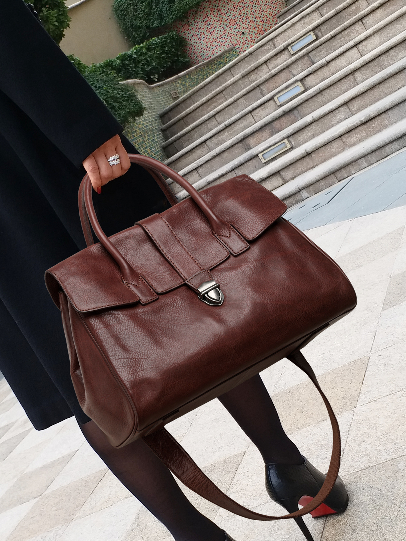 Black Pebbled Leather Structured Satchel