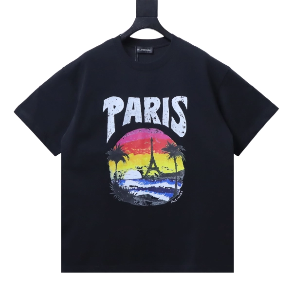 Balenciaga Clothes Paris Beach Nightscape Eiffel Tower Print Short-Sleeve T-Shirt black