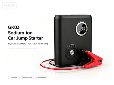 GK03 sodium-ion car jump starter with 1500A peak current and -40℃~+80℃ wide temperature
