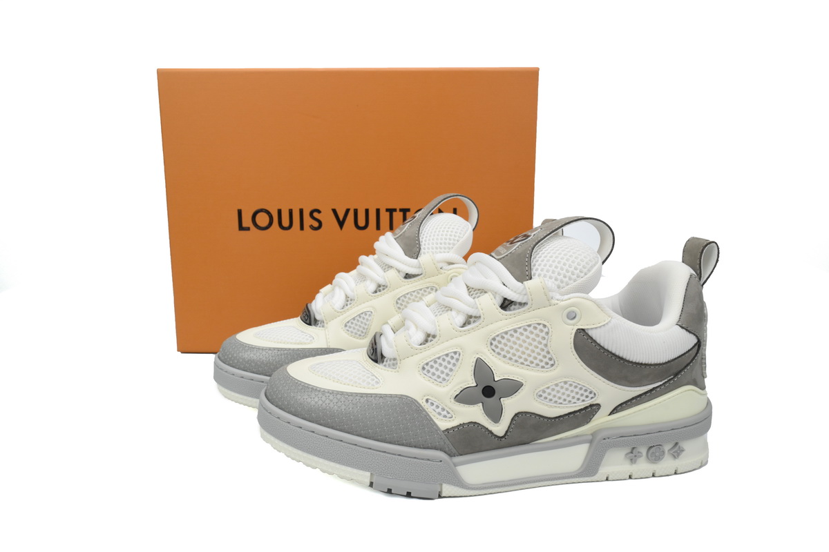 Pkkicks God Batch LOUIS VUITTON Leather lace up Fashionable Board Shoes White Gray 1ACQP4