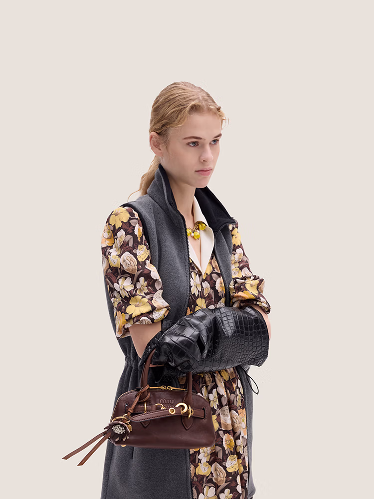 MiuMiu Miu Women's Aventure Nappa Sheep Leather Mini Handbag Shoulder Bag Stone Wood