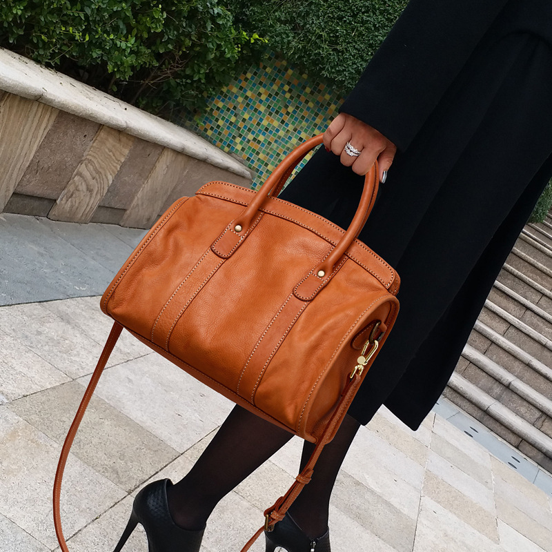 Cognac Tan Leather Barrel Satchel