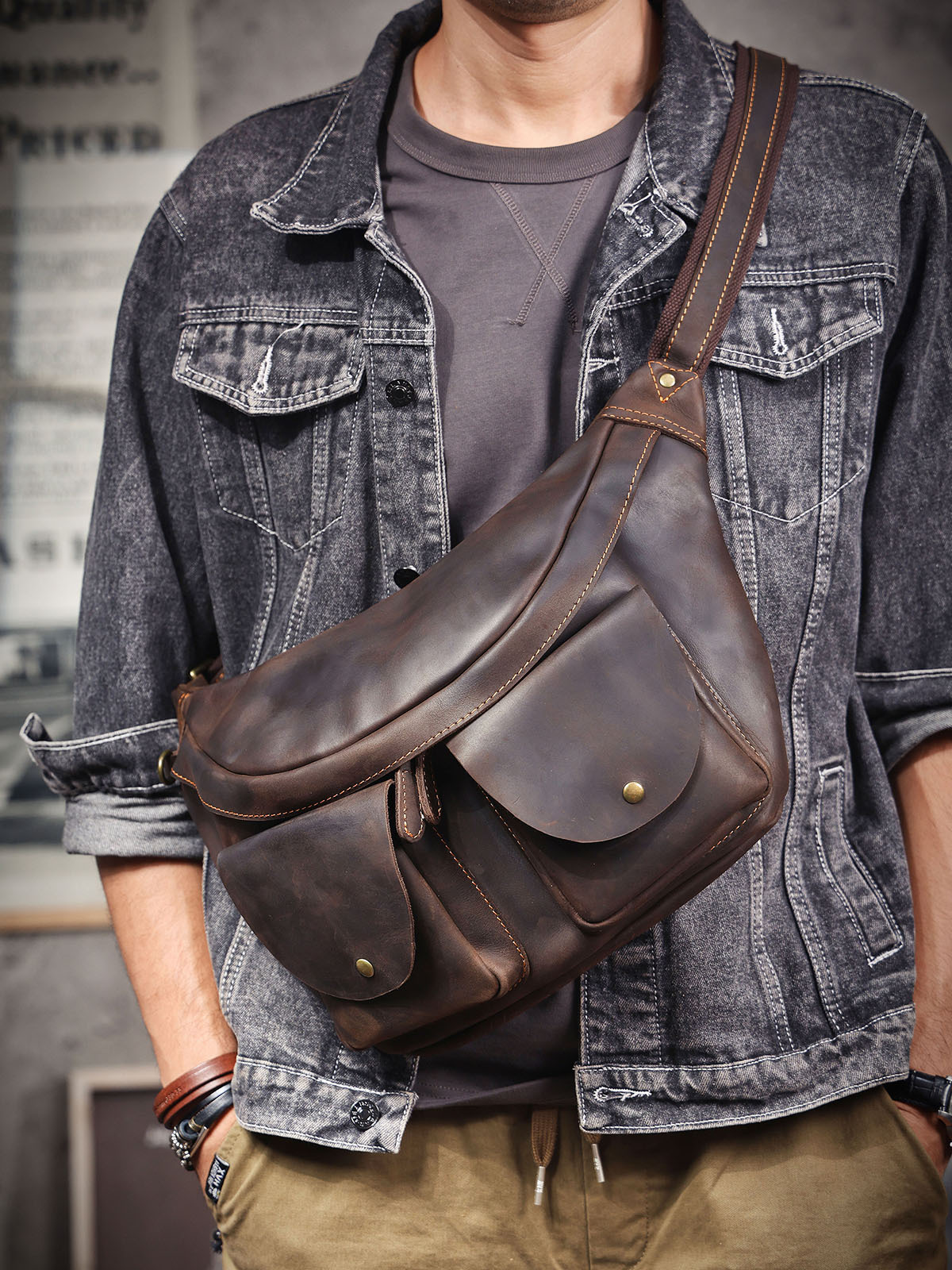 Vintage Full-Grain Leather Sling Bag - Rugged Utility for the Modern Explorer