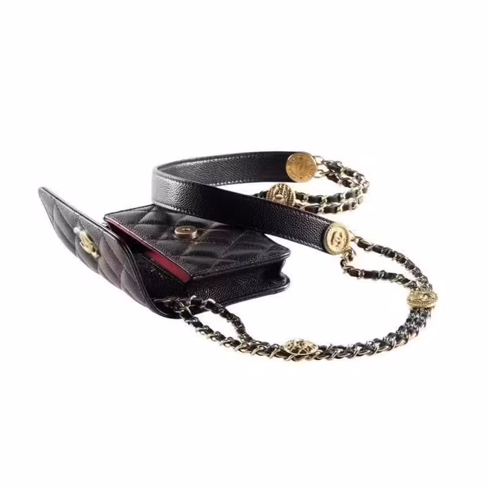 Chanel (CHANEL) Women's Bag 22A Gold Buckle Diamond Plaid Leather Wear Chain Particle Embossed Bright Calfskin Messenger Bag Mini Women's Black Length 12.3cm Width 3.2cm Height 9cm