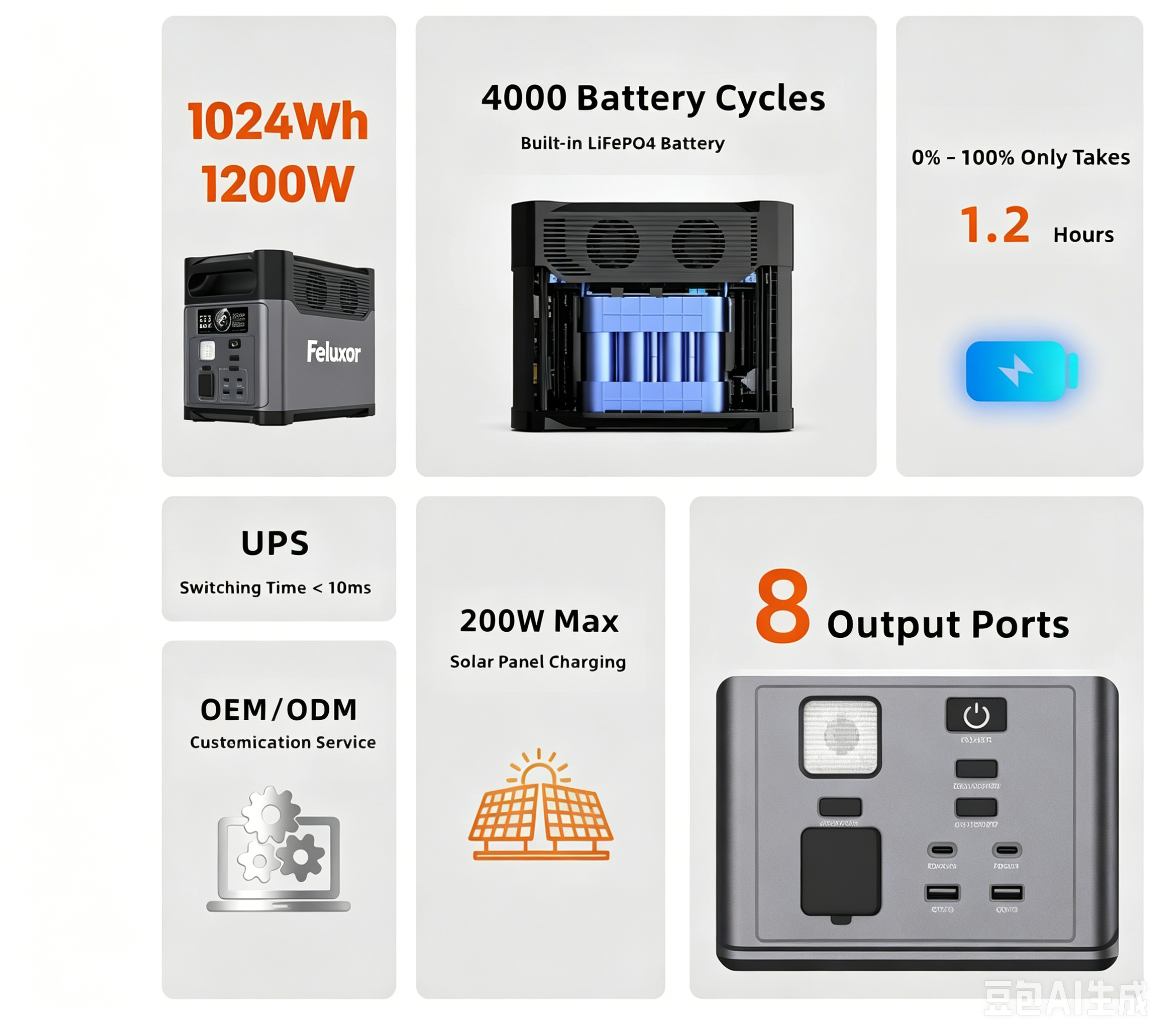 Feluxor N069 1200W 1152Wh LiFePO4 portable power station core selling points: 4000 cycles, 1.2h fast charge, UPS, 8 output ports
