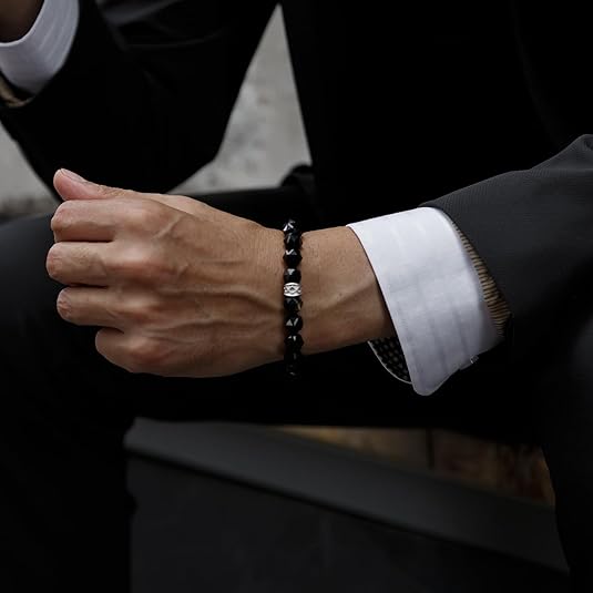 R16P-Gold Obsidian & Tiger Eye Beaded Bracelet with Silver Charm – Men’s Stretch Bracelet 10mm