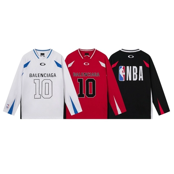 Balenciaga Clothes NBA Collab Health Mesh & Color-Block Long-Sleeve T-Shirt Black/Red/White