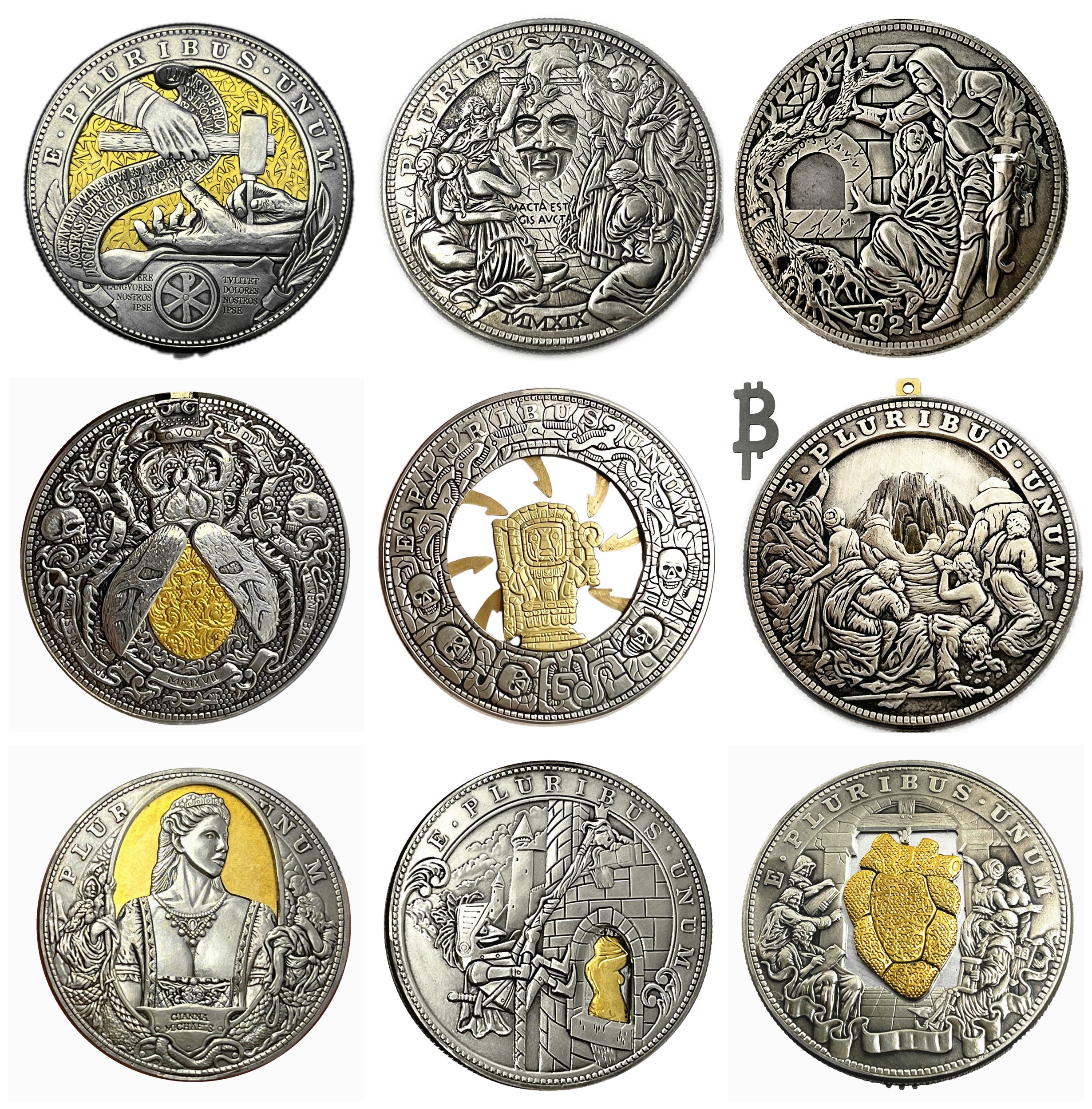 Active Mechanical Coin Holy Grail/Beating Heart Coin Mix 9pcs Roman Booteen Amazing Art Token Hobo Nickel Morgan Dollar Magic Collectible Creative Gift Handmade Commemorative Coin