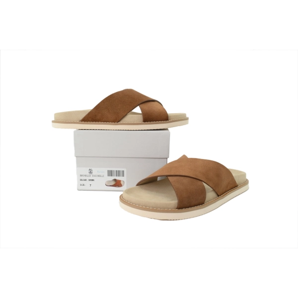 Brunello Cucinelli Suede Crisscross Slides Brown