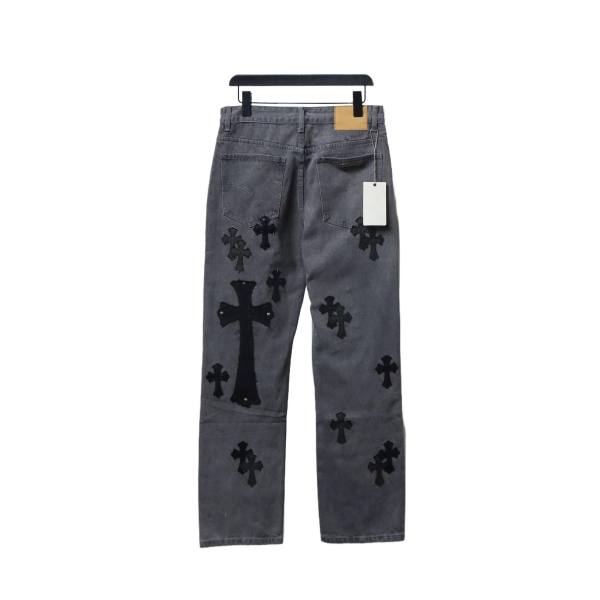 Chrome Hearts  X SexRecords Metal Cross Patch Jeans Distressed Gray