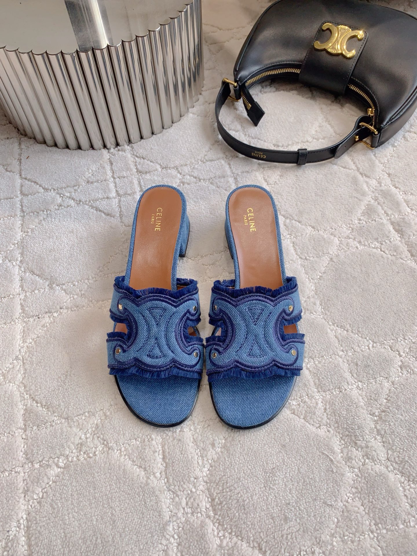 Celi NEW Denim Chunky Heel Slippers
