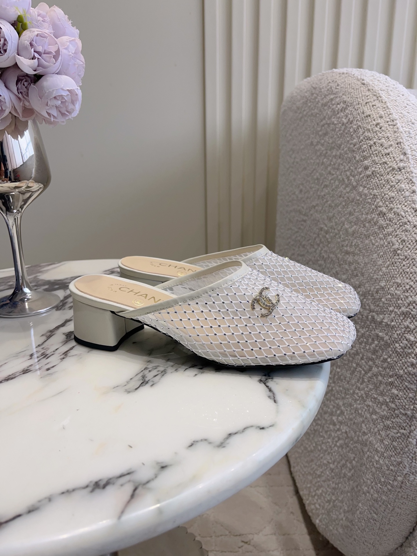 Chan New Mesh Rhinestone Chunky Heel Slippers