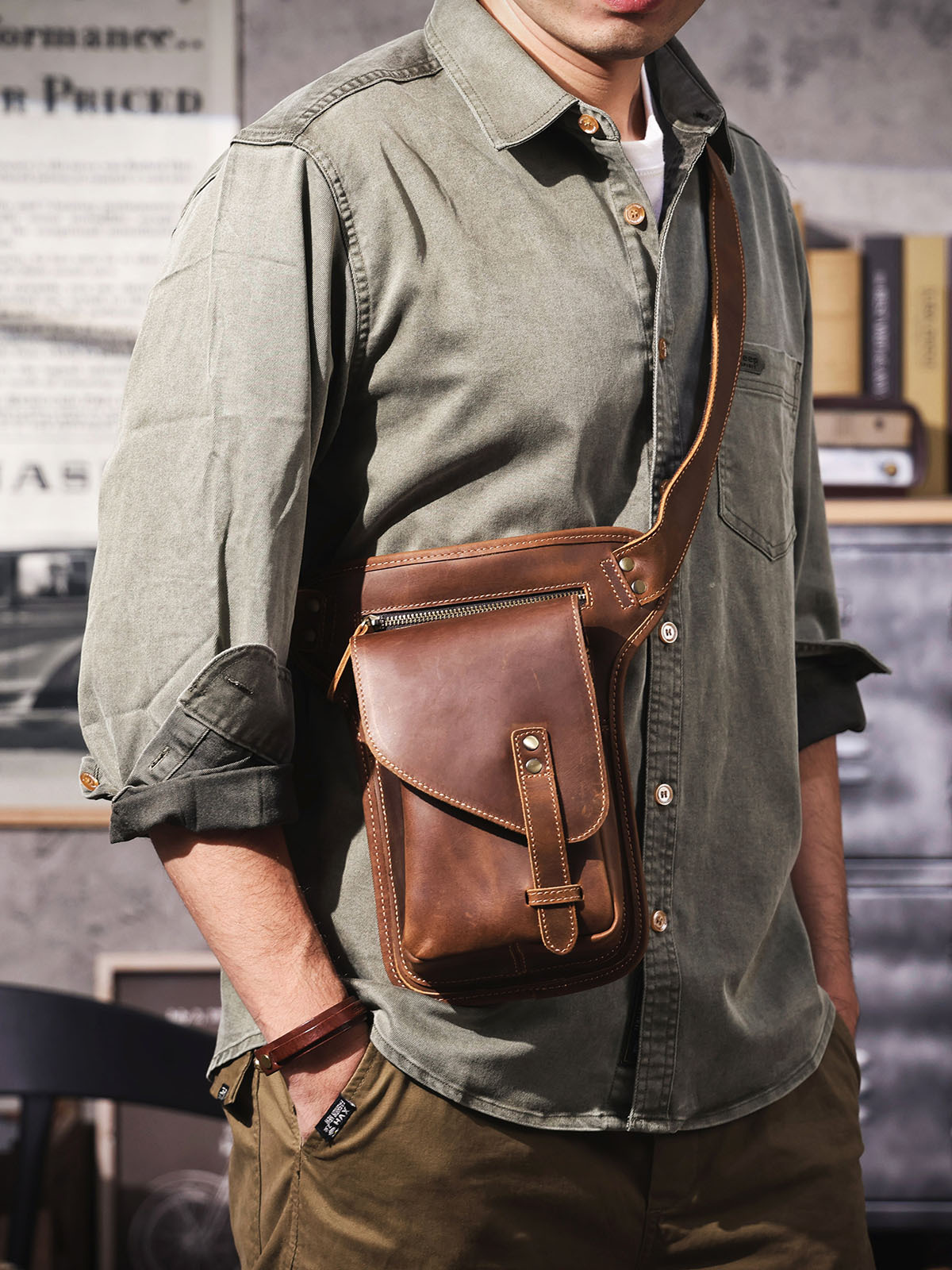 Vintage Full-Grain Leather Waist Crossbody Bag - Rugged Utility for Urban Explorers