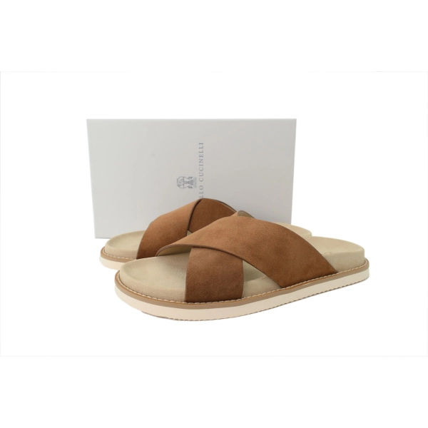 Brunello Cucinelli Suede Crisscross Slides Brown