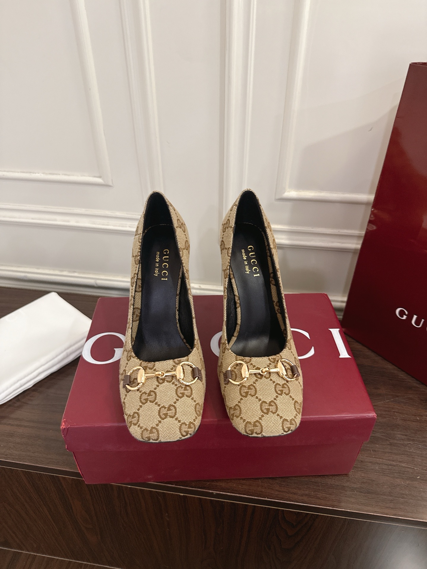 Gucc New Horsebit square-toe high heels