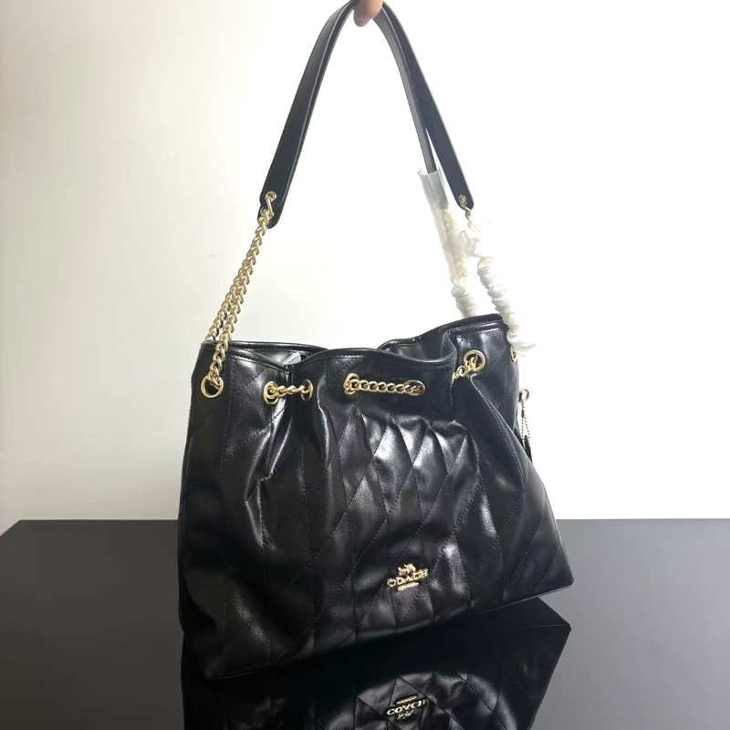 COACH CDR00 Evelyn Quilted Black Leather Medium Shoulder Bag, Handbag, New Arrival