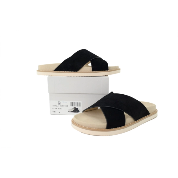 Brunello Cucinelli Suede Crisscross Slides Black