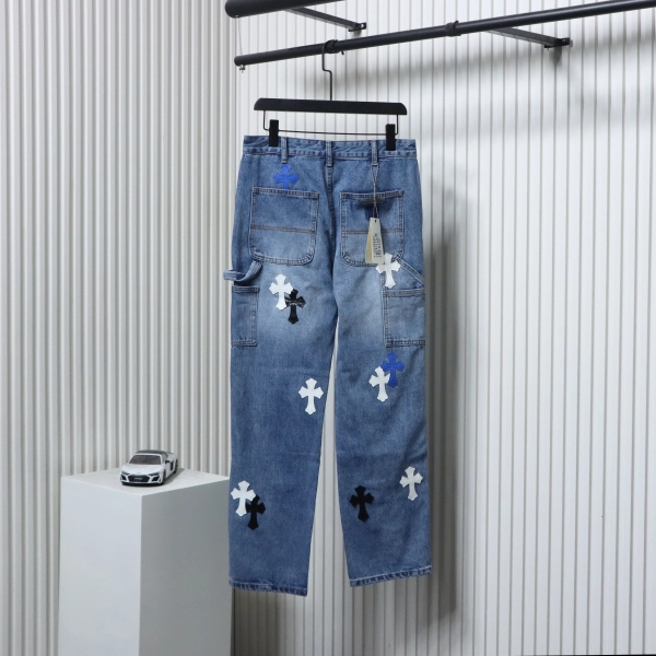Chrome Hearts Fleur Knee Cross Patch Jeans Blue