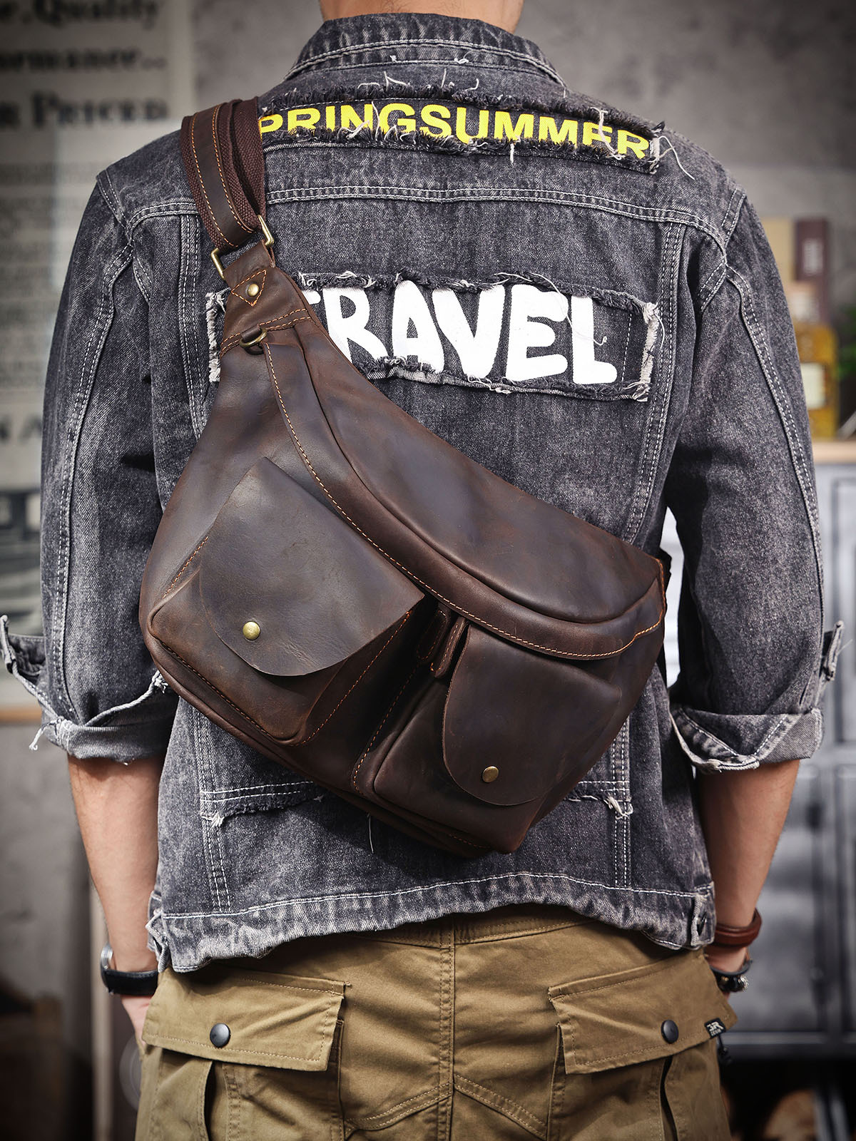 Vintage Full-Grain Leather Sling Bag - Rugged Utility for the Modern Explorer