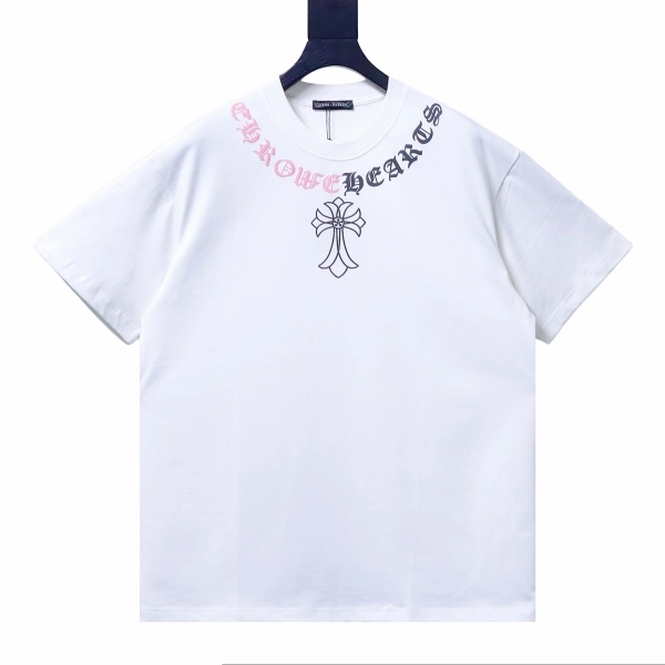 Chrome Hearts Color Block Gothic Letter Cross Necklace Graphic Short Sleeve T-shirt white