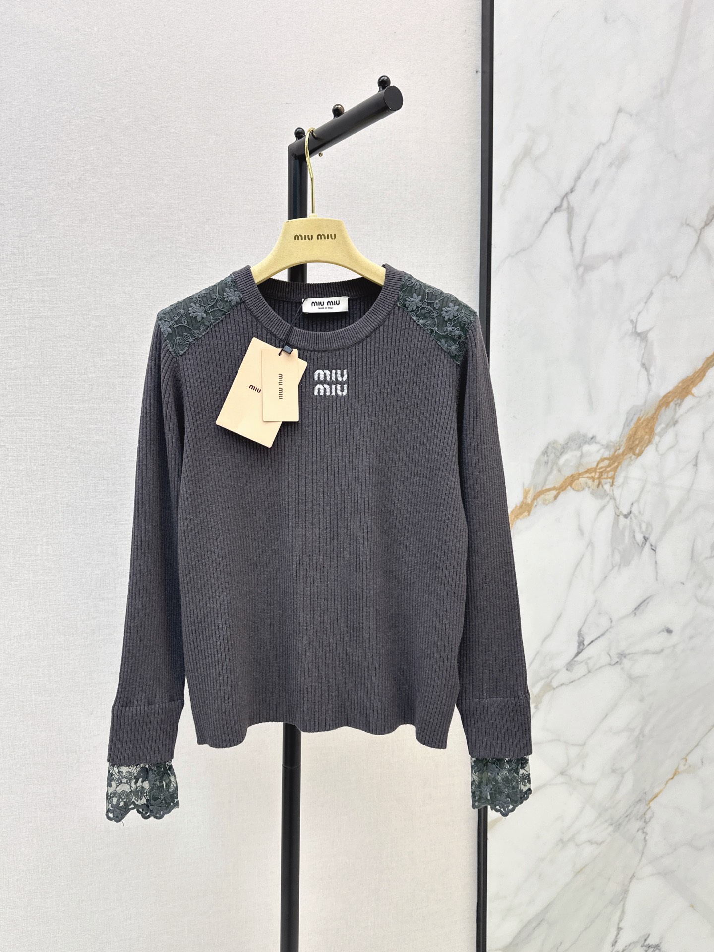 Miu New Embroidered Lace Patchwork Sweater