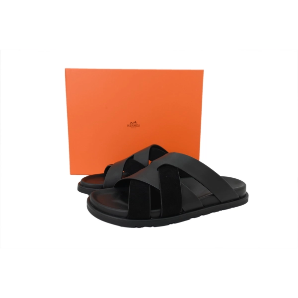 HERMES Black Cross Strap Slides