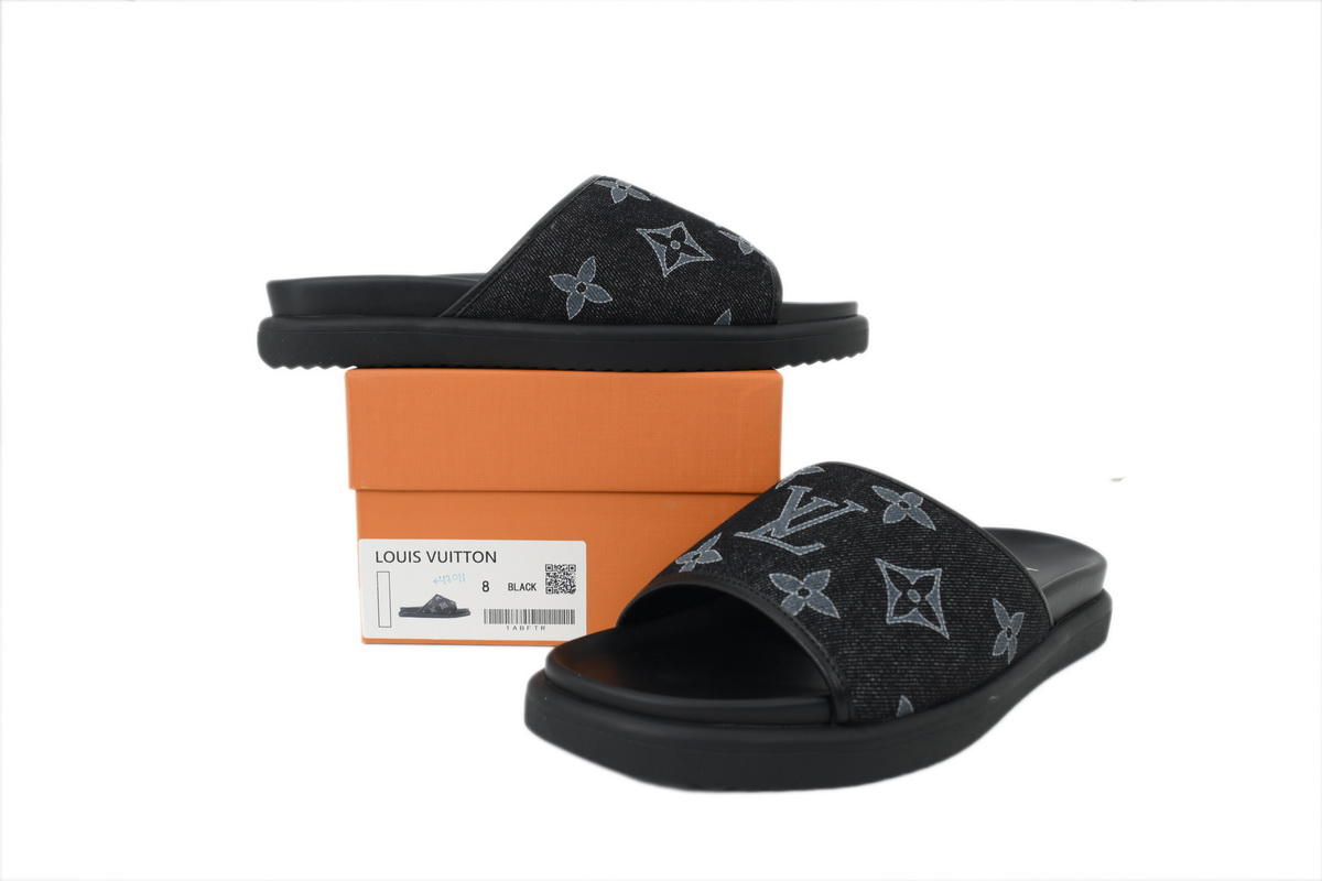 Pkkicks God Batch LOUIS VUITTON Slippers Black Denim Fabric