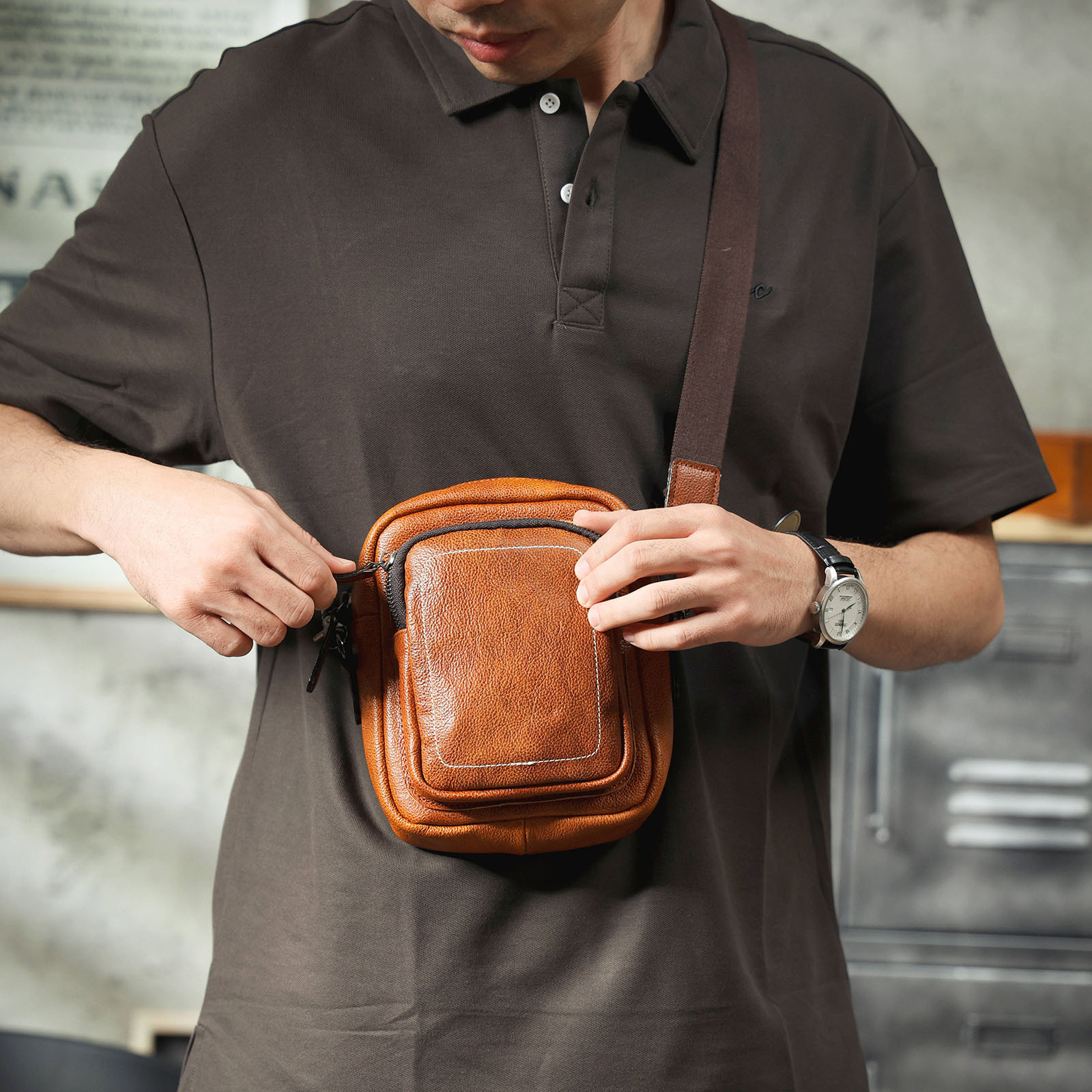 Vintage Tan Leather Mini Crossbody Bag - Compact Utility for Daily Carry