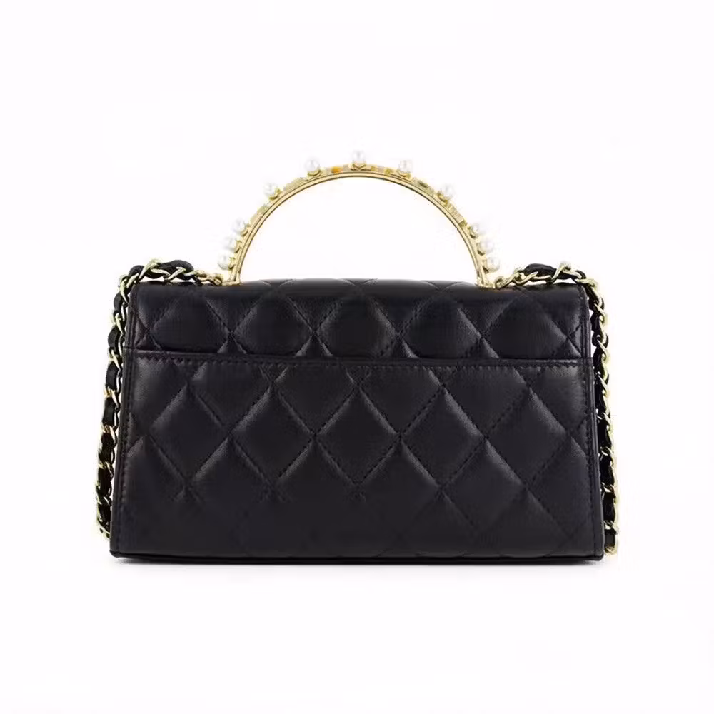 Chanel (CHANEL) Women's Bag 23B Pearl Handle kelly Gold Buckle Diamond Plaid Women's Leather Chain Sheepskin Shoulder Crossbody Handbag Black AP3512-B13818-94305