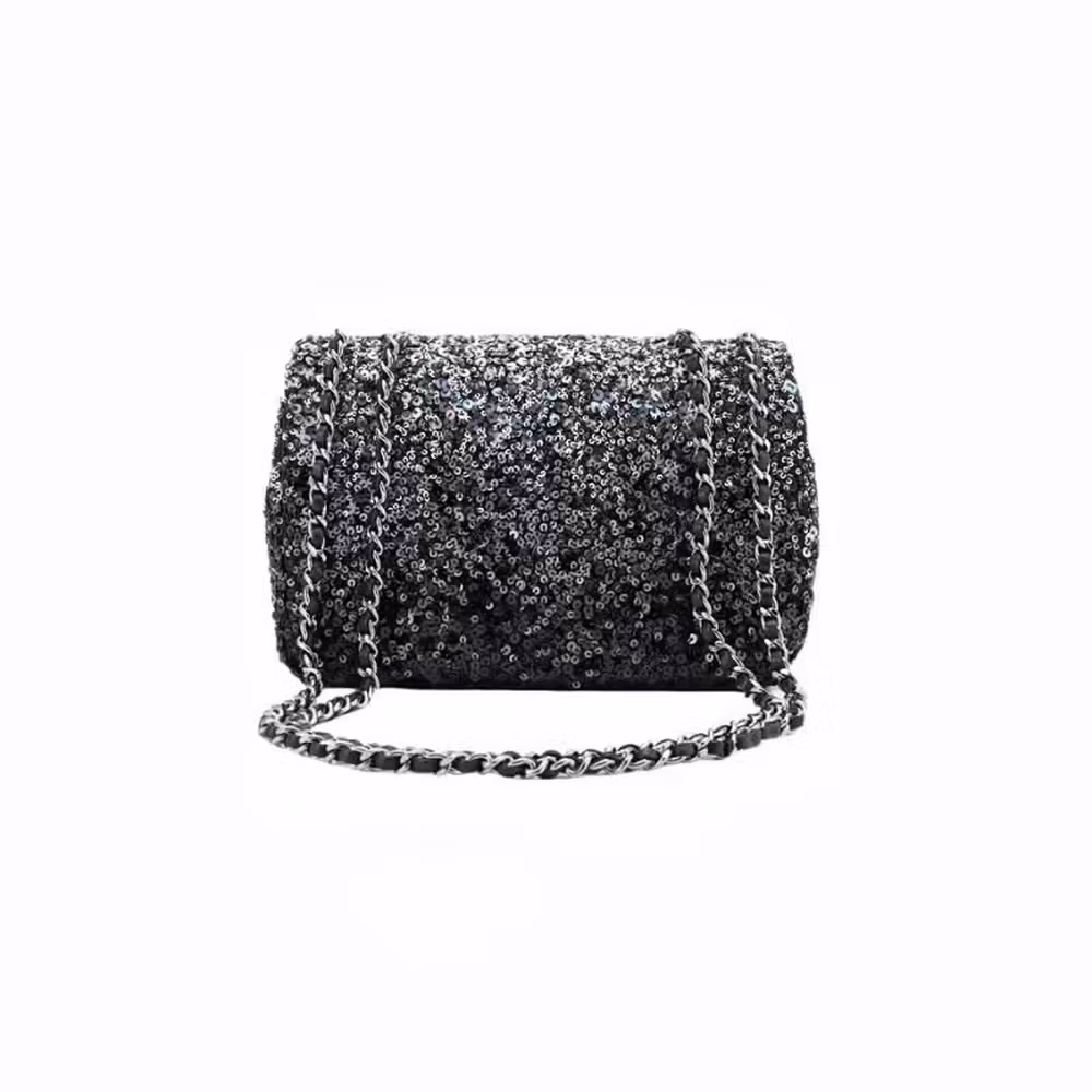 Chanel (CHANEL) Women's Bag 23S Silver Buckle Black Large Mini Leather Sequin Crossbody Shoulder Bag Women's Gift AS3965-B10885-NN968 Length 20cm Width 7cm Height 15cm