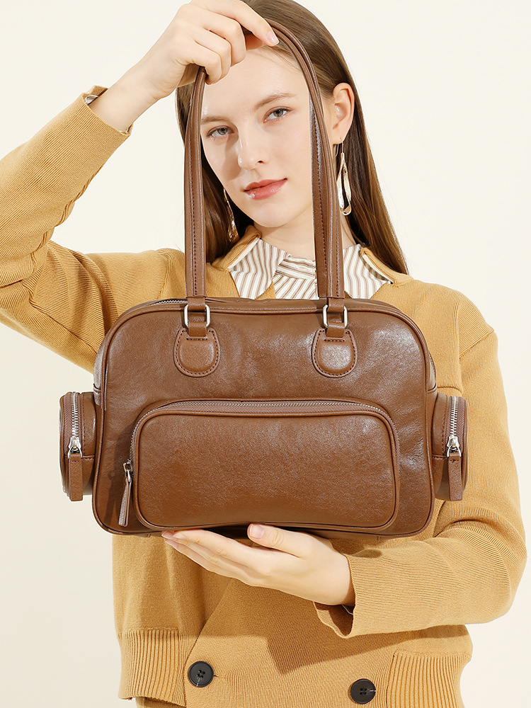 Brown Multi-Pocket Leather Shoulder Bag for Women