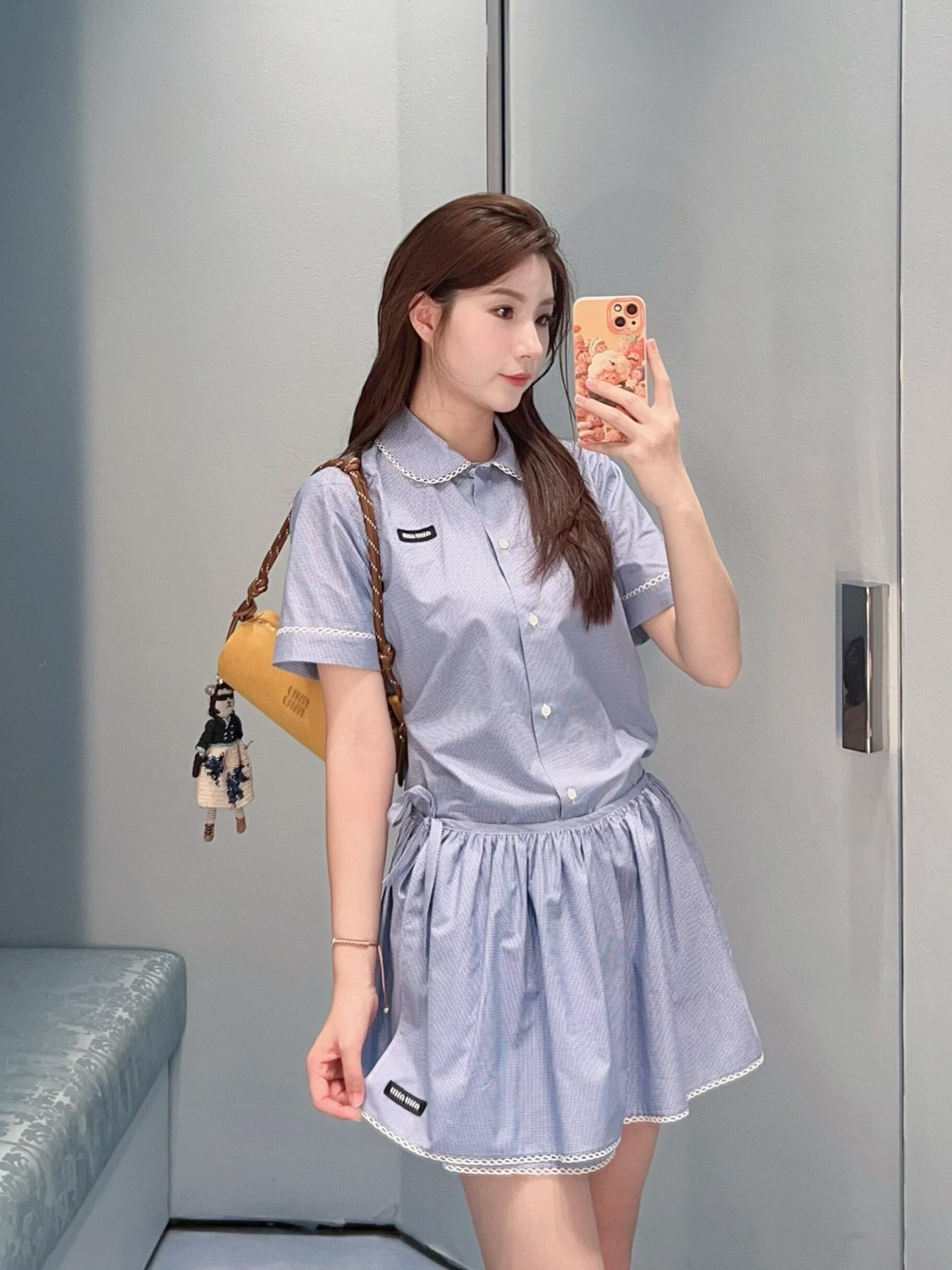 Miu New Blue plaid short-sleeve shirt